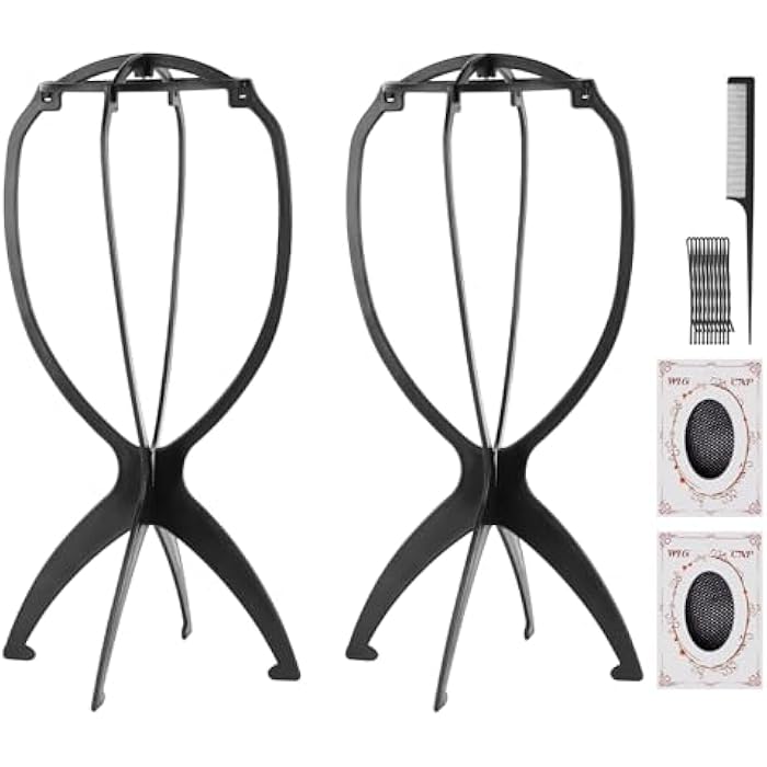 MXTIMWAN Set of 2 wig stand set, wig holder, wig head, wig stand, plastic wigs, black holder, wig stand with 2 wig nets, comb, clips, removable and foldable - Image 1